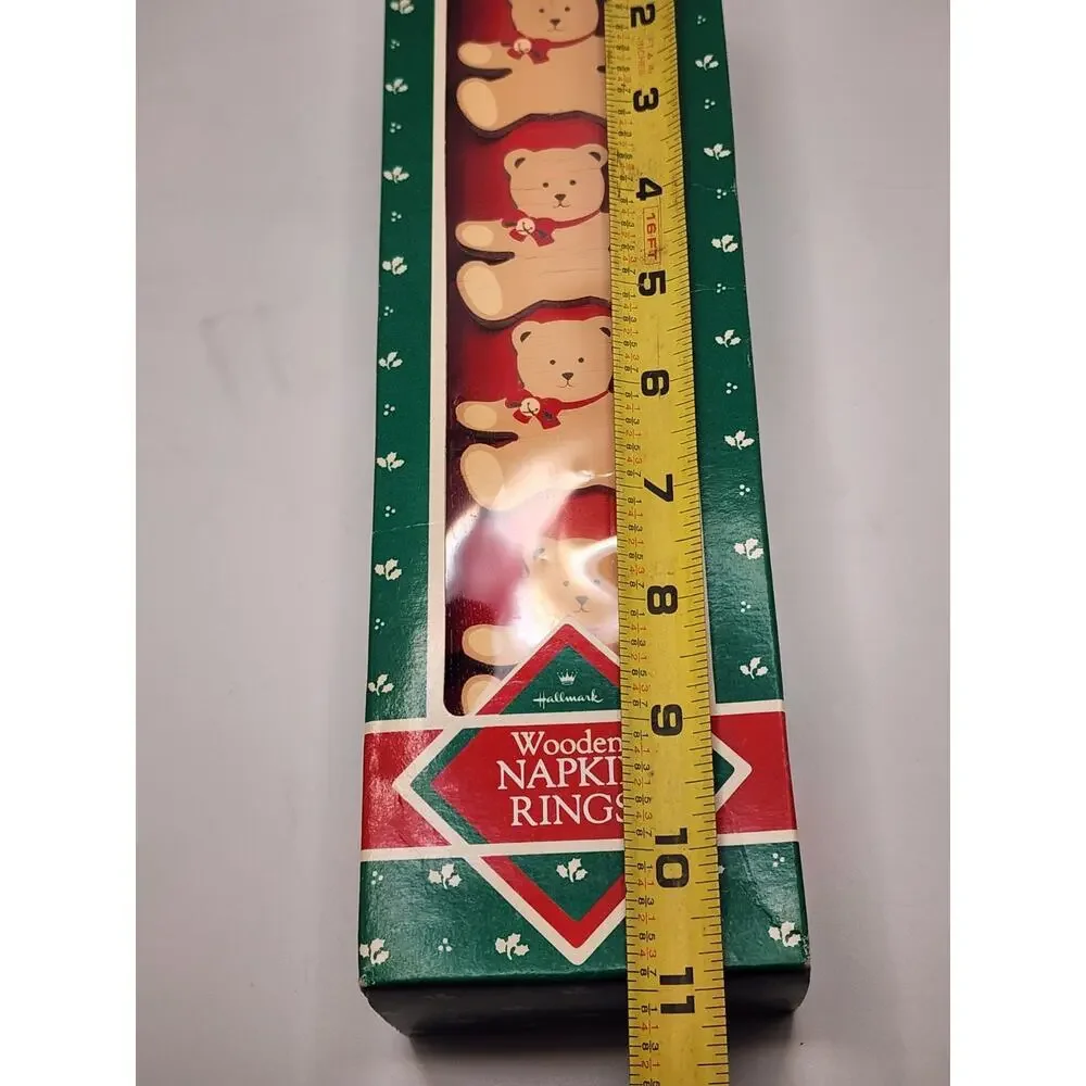 VTG 4 Hallmark Ginger Teddy Bear Wooden Napkin Rings Holiday Decor Holders